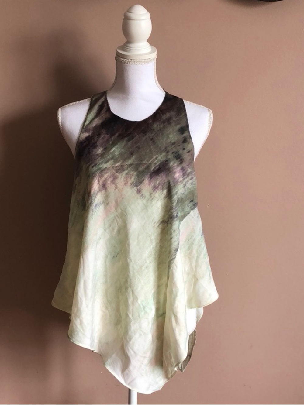 RACHEL Rachel Roy Olive Green and Brown Tie-Dye Handkerchief Hem Tank